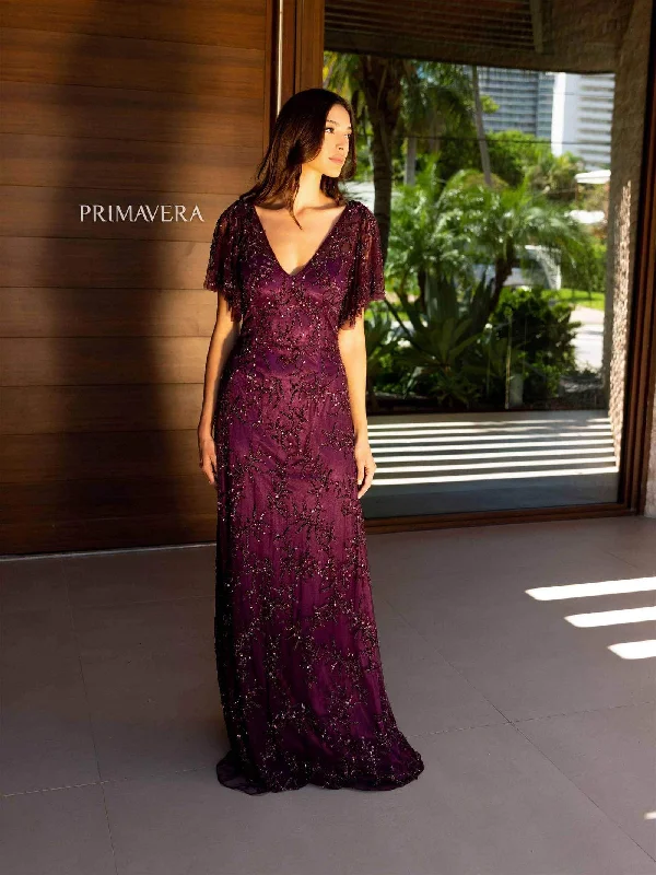 Primavera Couture 13124 - V-Neck Flutter Sleeve Evening Dress