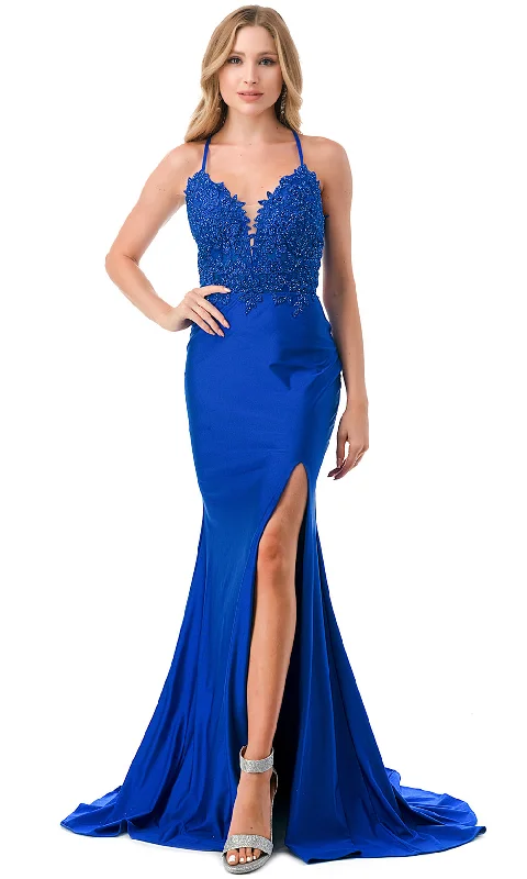 Trevi Collection L2814T - Beaded Lace V-Neck Evening Gown