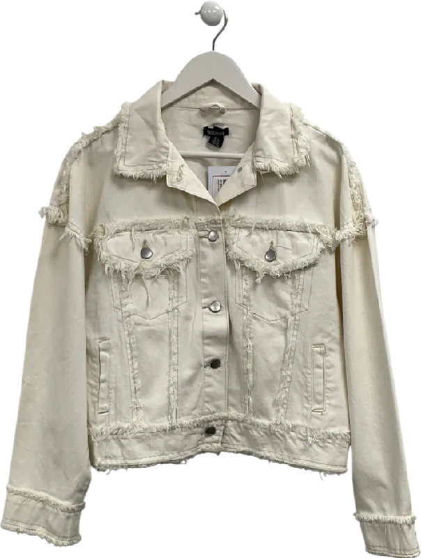 boohoo Cream Frayed Hem Denim Jacket UK 8