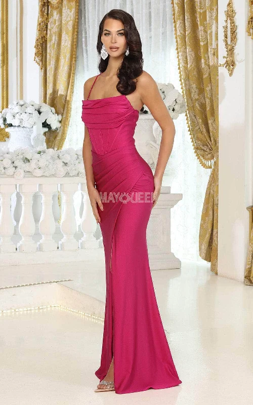 May Queen MQ2068 - Draped Evening Dress with Slit