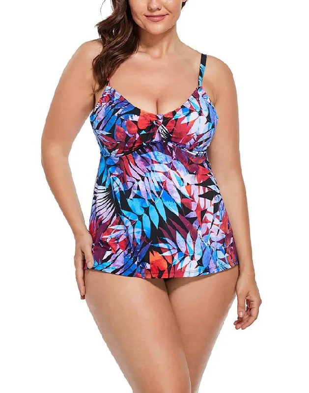 Chlorine-Resistant Female SwimwearRed Blue Palm Tie Front Underwire Tankini Set