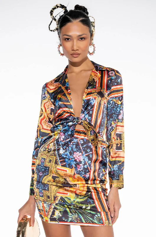 LOOK AGAIN SATIN SCARF PRINT MINI DRESS