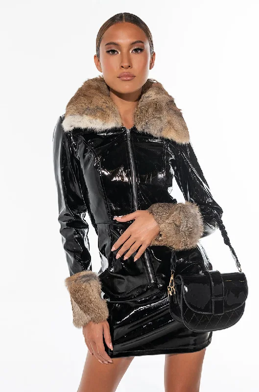 REAL FUR ZIP FRONT VINYL MINI DRESS