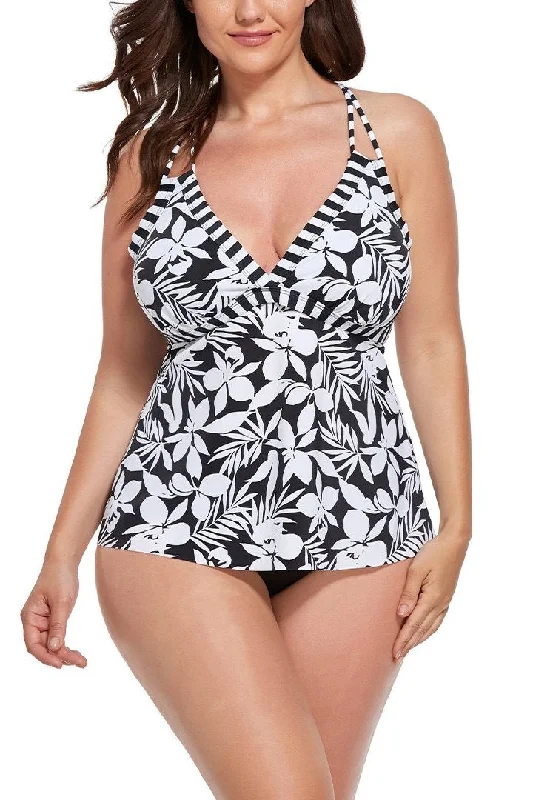 Lounge Female SwimwearBlack Flower V-neck Loop Strap Tankini Set