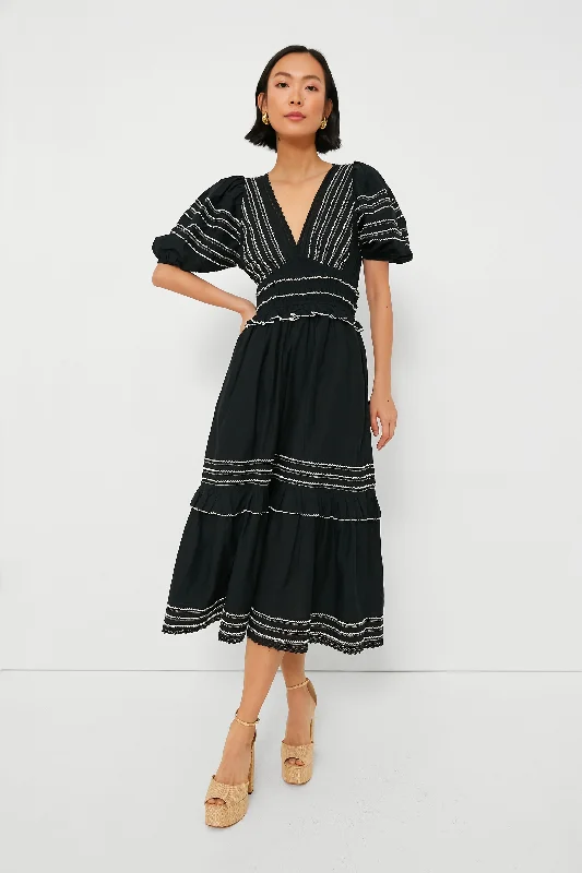 Black Mable Cambric Puff Sleeve Midi Dress