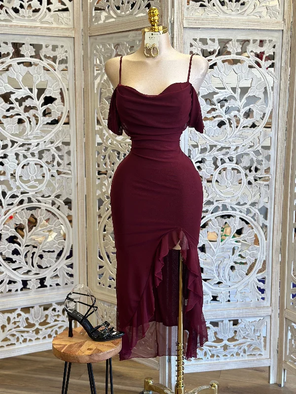 Burgundy Mesh Off Shoulder Ruffled Midi Dress - Estira, Stretchy