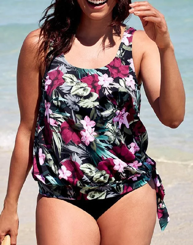 Sustainable Female SwimwearWine Pink Flower Side Tie Blouson Tankini Set