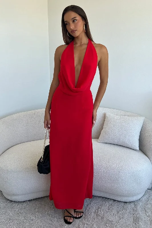 Red Cowl Neck Maxi Dress