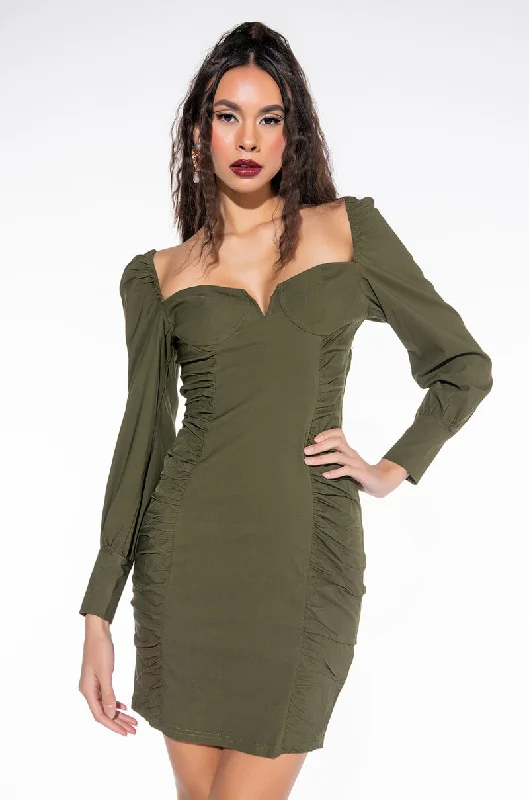 WHATEVER SHE LIKES LONG SLEEVE RUCHED MINI DRESS