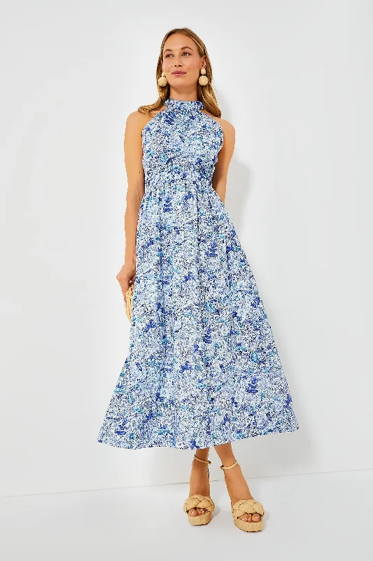 Blue Floral High Neck Heidi Midi Dress