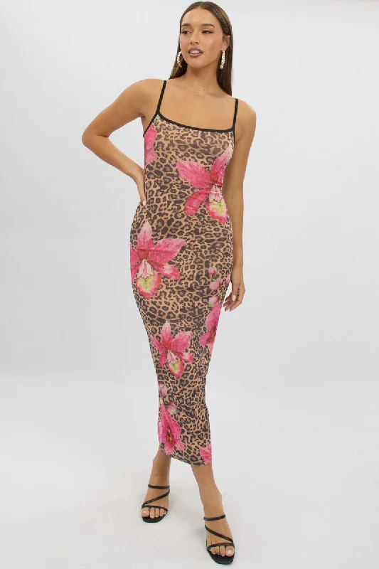 Multi Animal Print Bodycon Dress Maxi Mesh