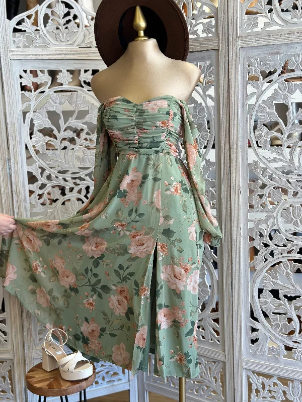 Green Floral Off Shoulder Midi Dress- Slightly Stretchy