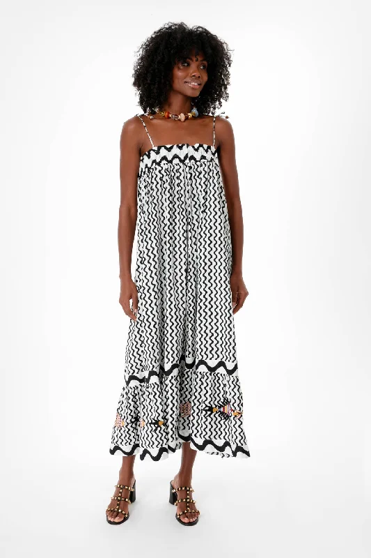 Black Ripple Tie Strap Smocked Straight Midi Dress