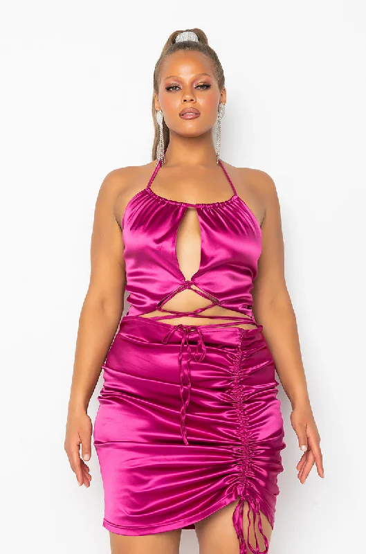 PLUS 50 SHADES OF SLAY LACE UP SATIN RUCHED MINI DRESS FUCHSIA