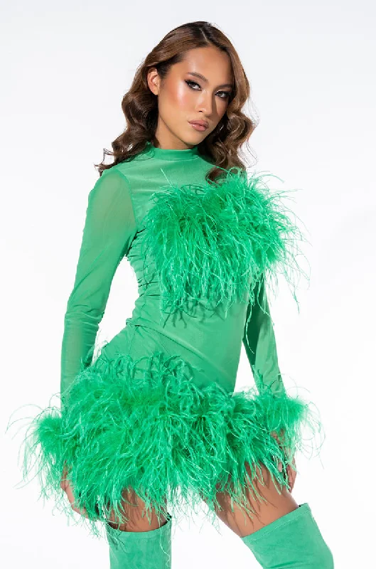 FLOAT AWAY REAL FEATHER MESH MINI DRESS GREEN