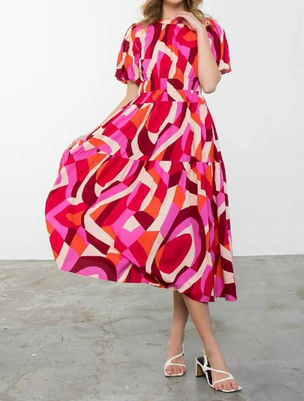 Puff Sleeve Maxi Dress In Pink And Red