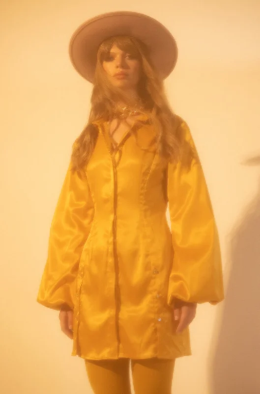 GOLDEN LOOKS BUTTON UP MINI DRESS WITH FASHION SLEEVES YELLOW