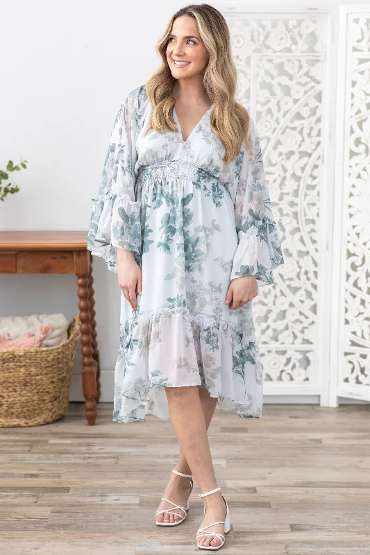 Dusty Teal Floral Print Long Sleeve Midi Dress