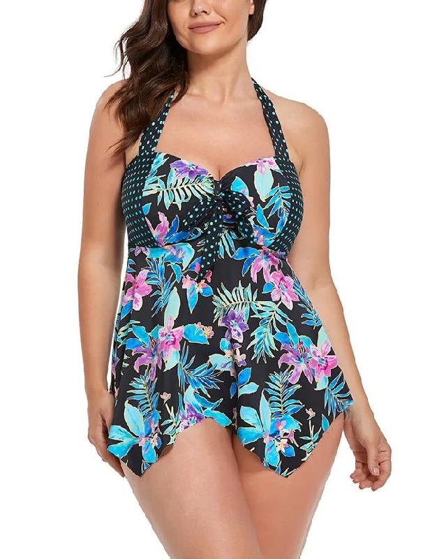 Striped Female SwimwearNeon Tropical Print Handkerchief Halter Tankini Set