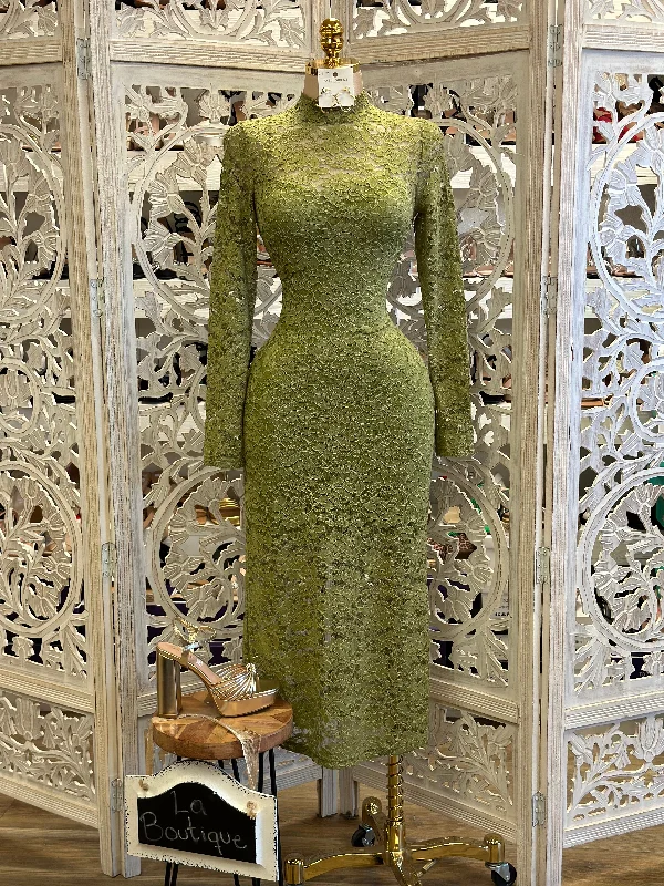 Pistachio Green Lace Midi Dress- Stretchy,Estira