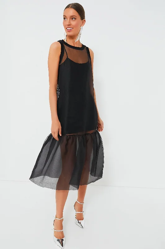 Black Midi Organza Ribbed Dress