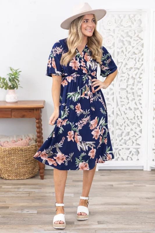 Navy Floral Faux Wrapped Midi Dress