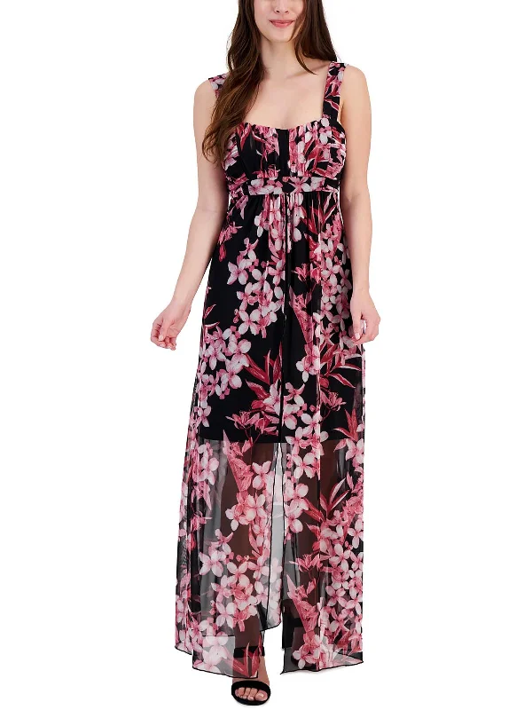 Womens Floral Print Mesh Maxi Dress