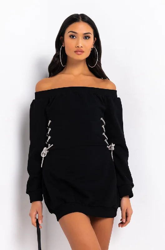 KILL EM WITH KINDNESS OFF THE SHOULDER MINI DRESS BLACK