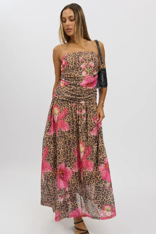 Multi Animal Print Maxi Dress Strapless Drop Waist Mesh