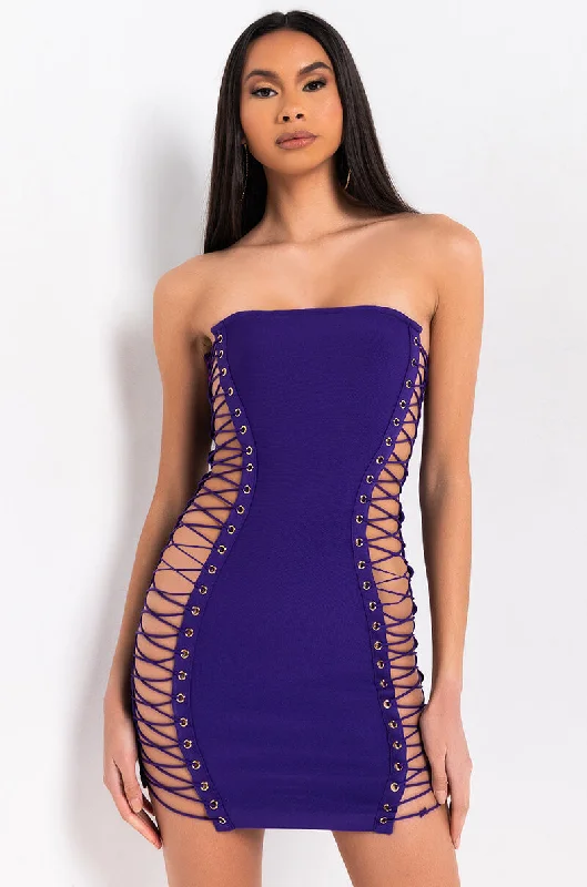 ALL THE RIGHT PLACES BANDAGE MINI DRESS BLACK PURPLE