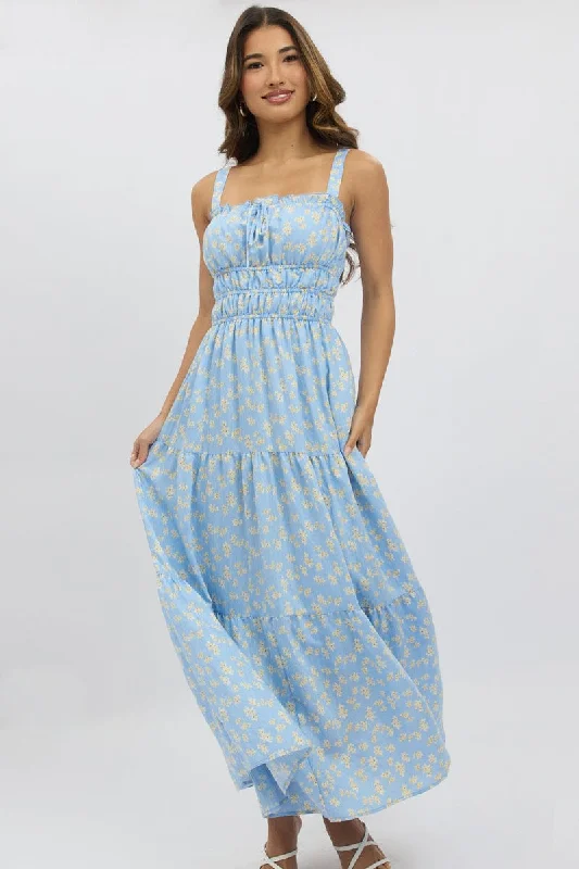 Blue Ditsy Maxi Dress Strappy Tiered