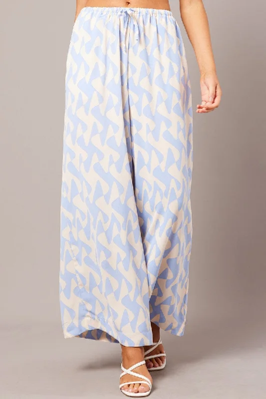 Blue Geo Wide Leg Pants High Rise