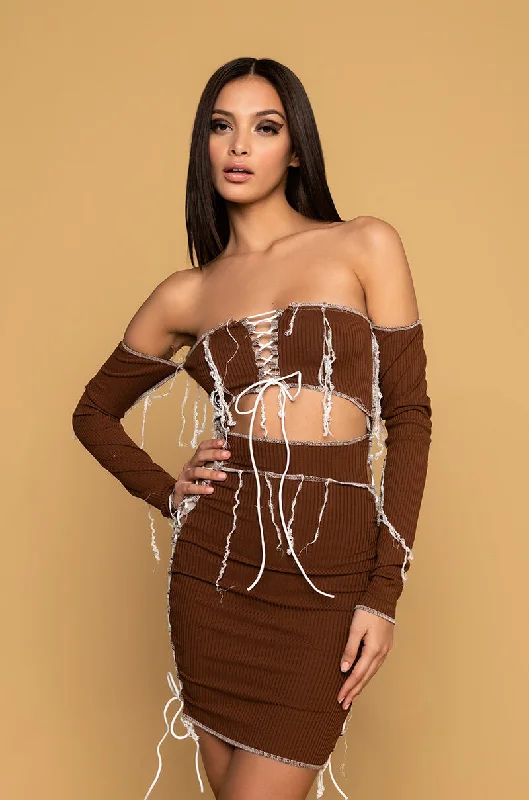 TALK TO ME CONTRAST TRIM OFF THE SHOULDER MINI DRESS BROWN