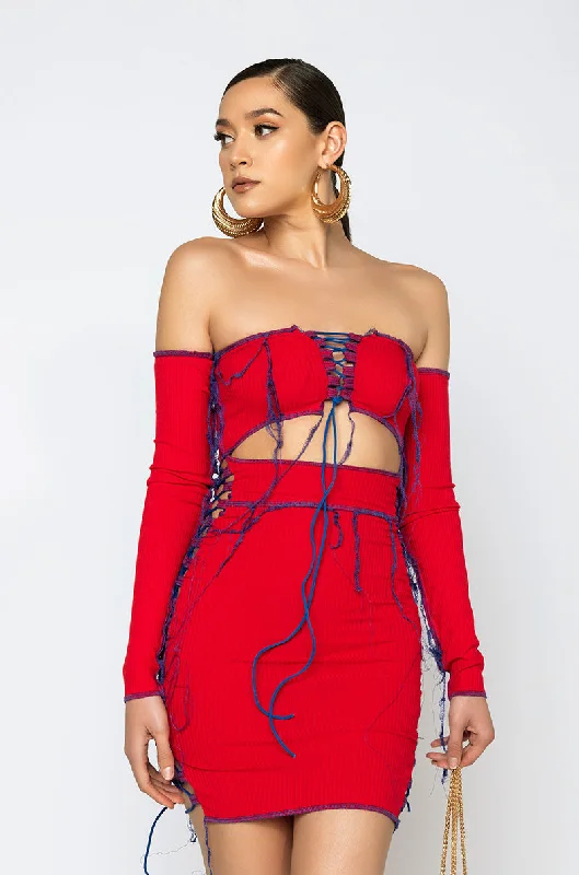 TALK TO ME CONTRAST TRIM OFF THE SHOULDER MINI DRESS RED MULTI