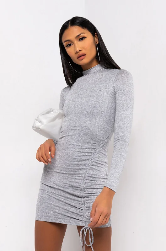 GET ON MY LEVEL LONG SLEEVE DRAWSTRING MINI DRESS HEATHER GREY