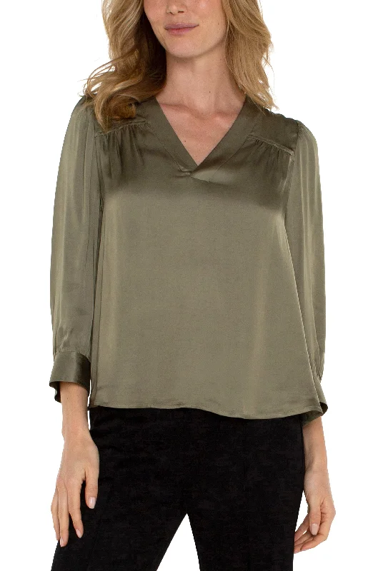 LONG SLEEVE PLEATED NECK WOVEN BLOUSE