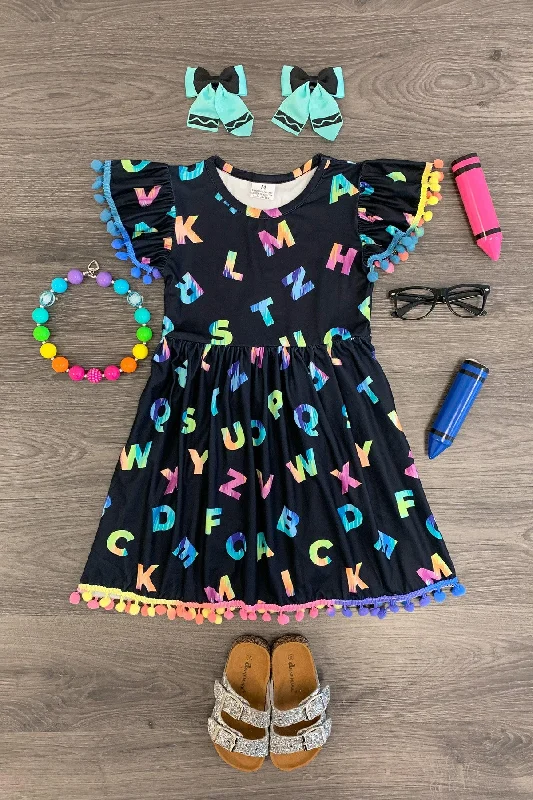 Black Rainbow Alphabet Pom Pom Dress