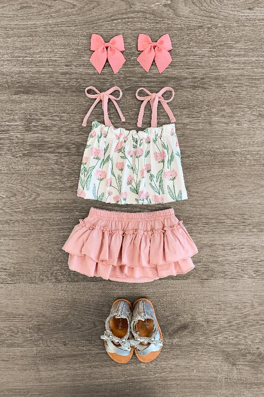 Pink Floral Tie Tank Ruffle Set