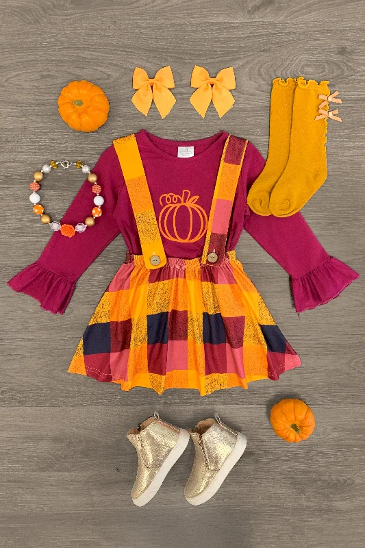 Plum Pumpkin Plaid Suspender Skirt Set