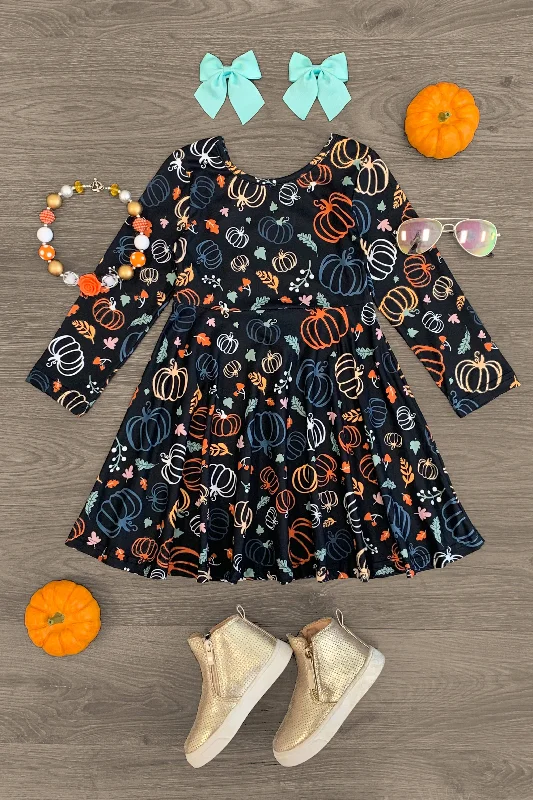 Pumpkins & Fall Leaves Long Sleeve Dress