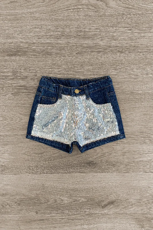 Silver Sequin Front Denim Shorts