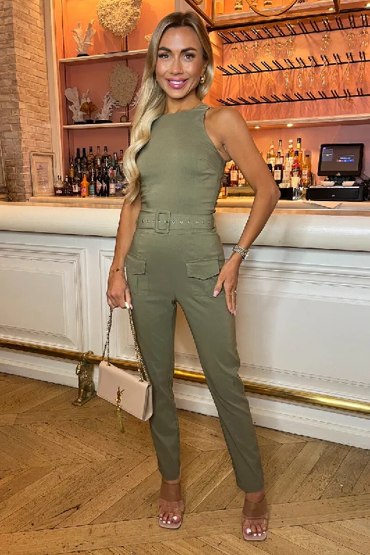 Khaki Belted High Neck Cargo Jumpsuit