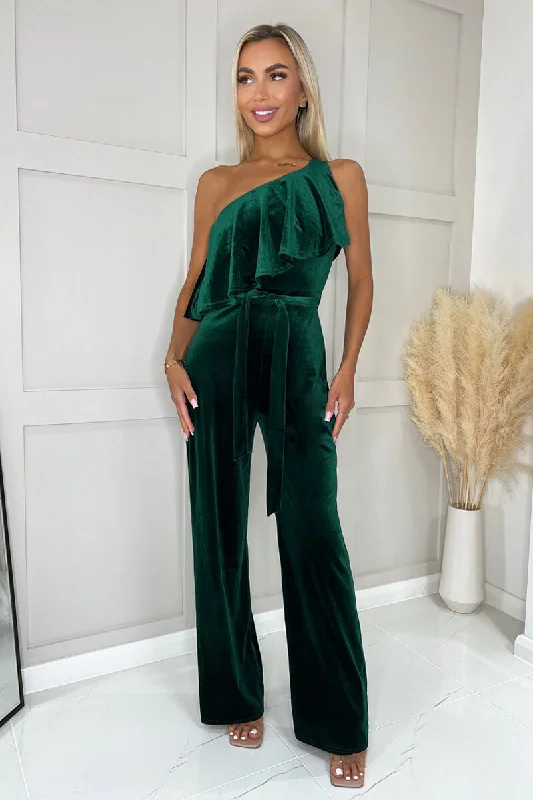 Teal Velvet One Shoulder Frill Belted Jumpsuit