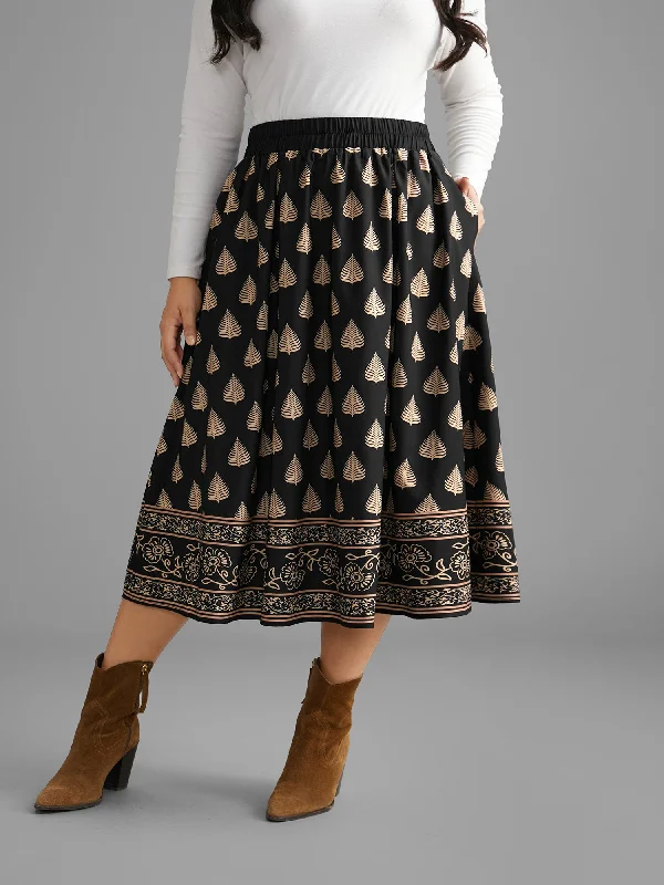 Boho Print Elastic Waist Pocket Skirt