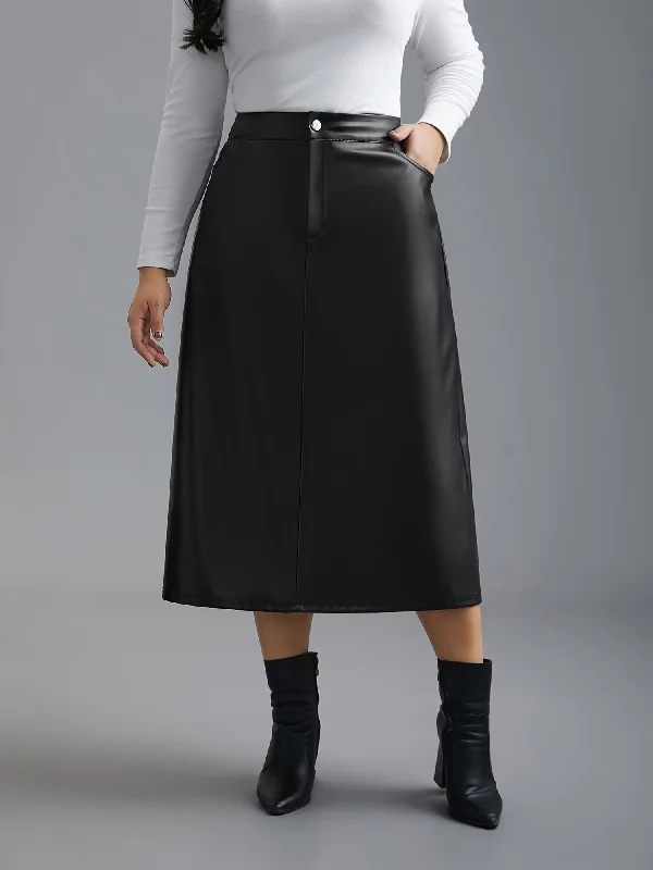 PU Leather Elastic Waist Split Hem Skirt